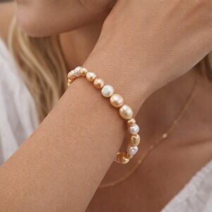 Baroque Freshwater Pearl Bracelet Peach Gold Irregular Pearls Stretch Bead Boho